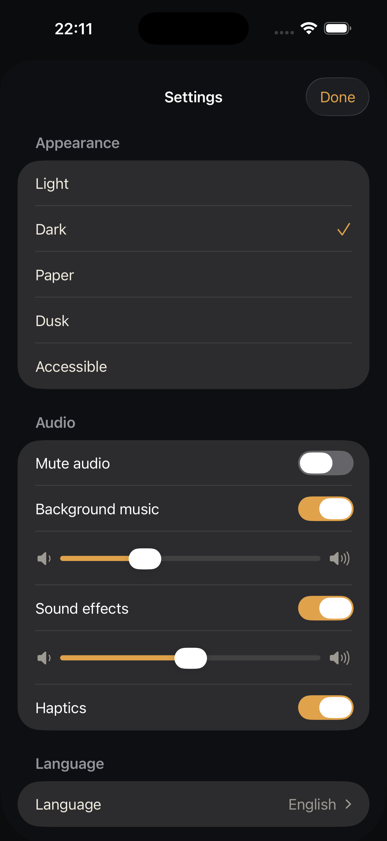 Settings, Dark theme